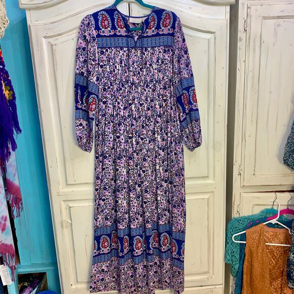 70’s HIPPIE BLOCK PRINT INDIAN COTTON MAXIDRESS - Picture 1 of 7